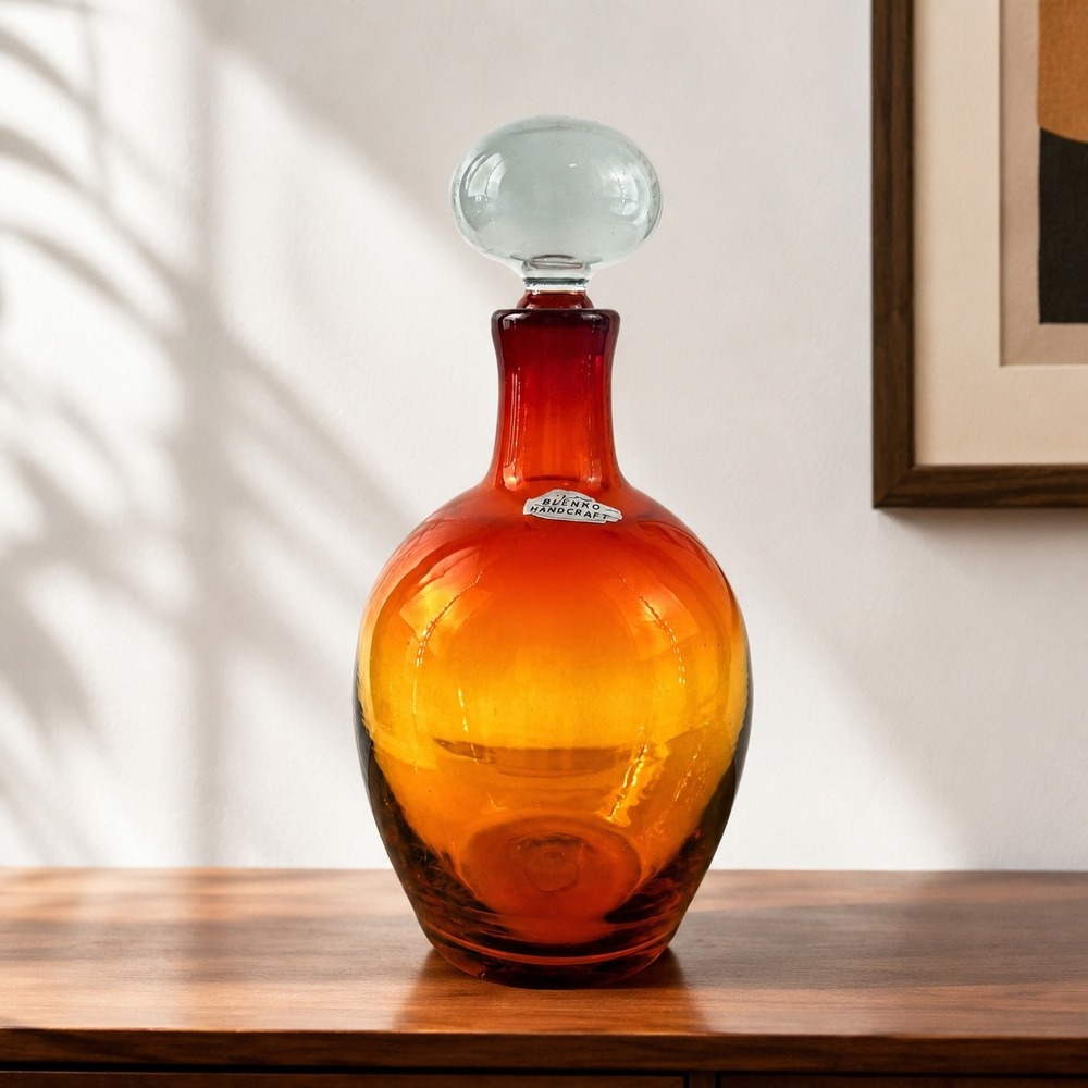 Blenko 7321 Tangerine Art Glass Decanter w Crystal Stopper Nickerson